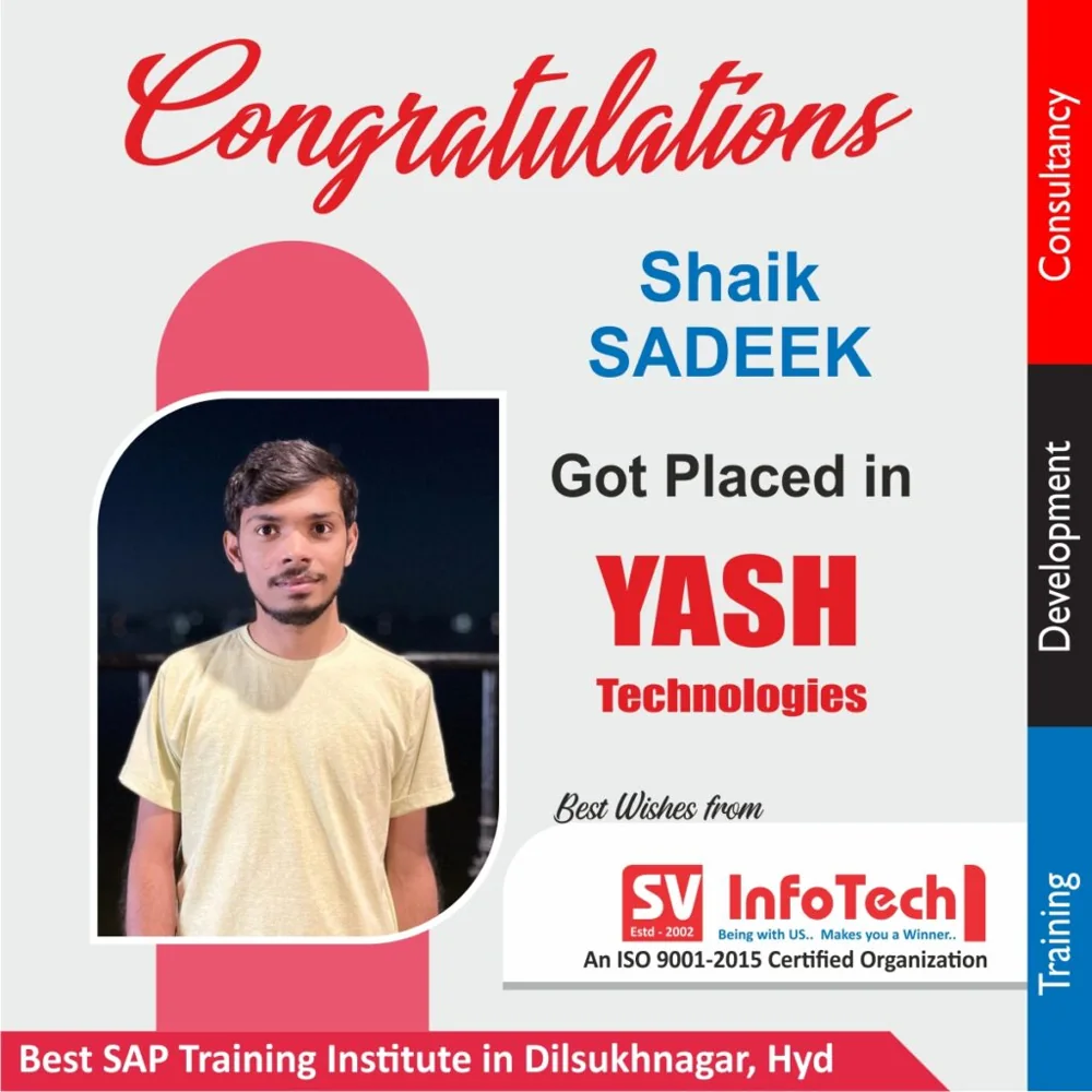SV Infotech published placement poster for Shaik Sadeek at YASH Technologies
