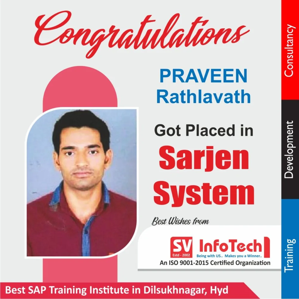 SV Infotech published placement poster for Praveen Rathlavath at Sarjen System