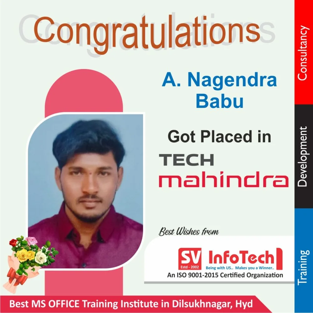 SV Infotech published placement poster for A Nagendra Babu at Tech Mahindra