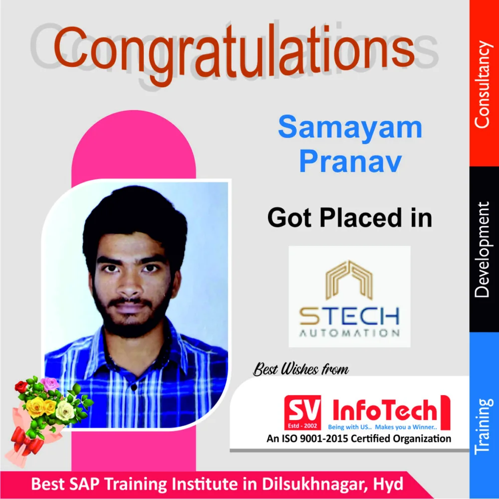 SV Infotech published placement poster for Samayam Pranav at STECH Automation